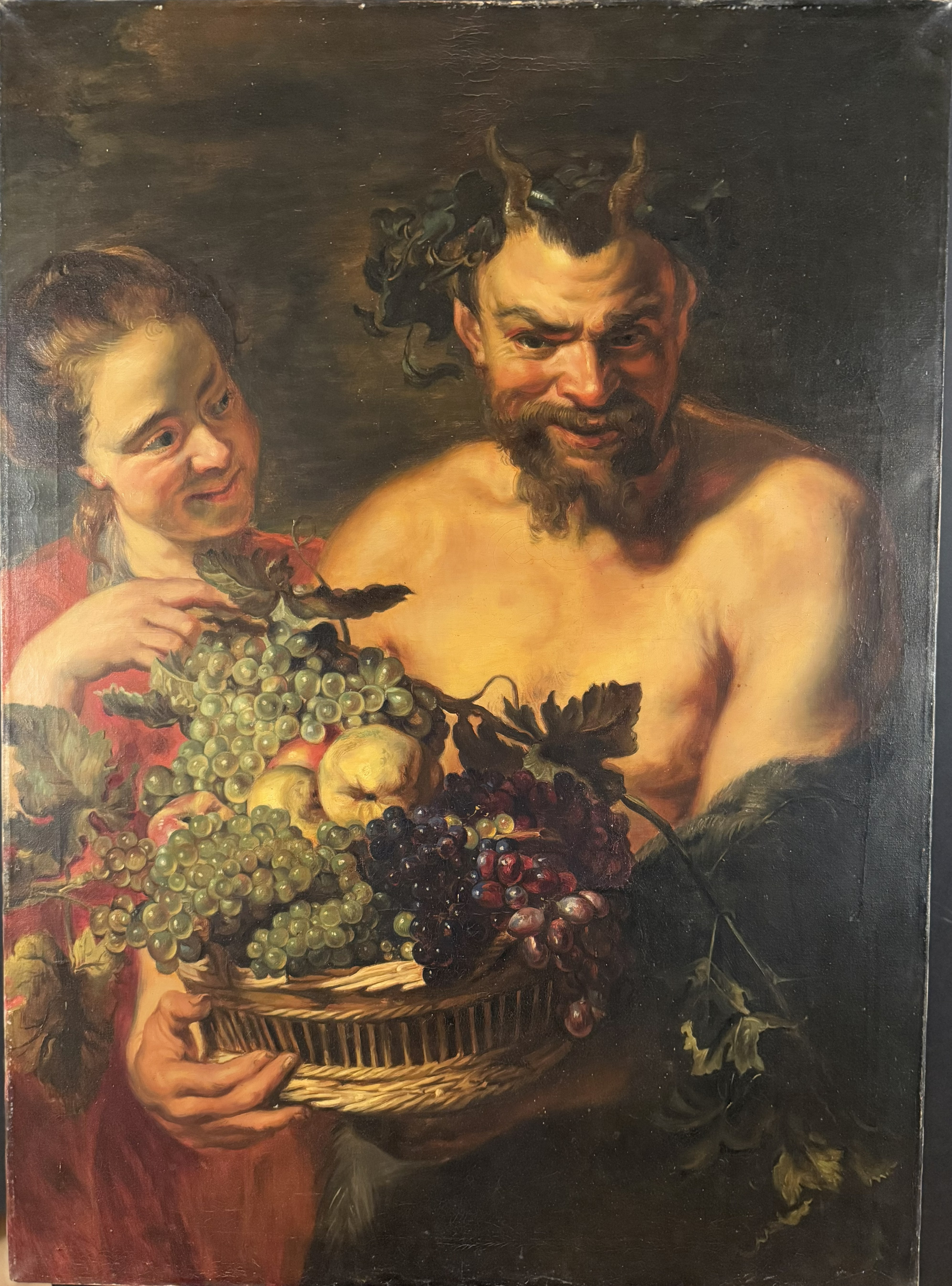 Сатир с нимфой, корзиной винограда и айвой